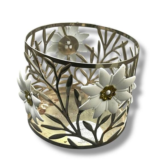 Bath & Body Works 3 Wick Holder Sleeve Wild Flower Metal Silver Gold White Decor - Picture 2 of 13